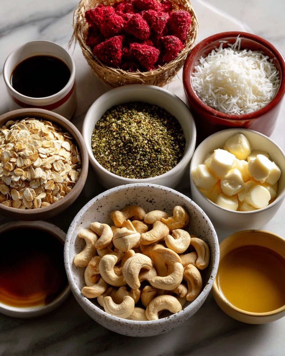 The image shows a top view of eight small bowls and cups placed on a white marbled surface with different ingredients. In the center bottom is a white speckled bowl filled with light beige cashew nuts that have a smooth texture. Above this bowl, slightly to the right, is a small white bowl containing fine white shredded coconut. To the left of it is a small tan bowl filled with golden rolled oats that look dry and flaky. Above the oats, there is a small yellow-brown bowl holding greenish hemp seeds. On the top right, a white bowl holds creamy white white chocolate chips, smooth and round. At the top center, a small light brown woven basket contains bright red freeze-dried raspberries with a rough texture. To the left of the basket, a small white cup with a reddish rim contains dark brown vanilla extract. To the right of the oats, a small red bowl contains cashew butter, creamy and light brown with a smooth surface. Lastly, at the bottom right, a small yellow-brown cup holds amber maple syrup that is translucent and glossy. The photo taken with an iphone --ar 4:5 --v 7