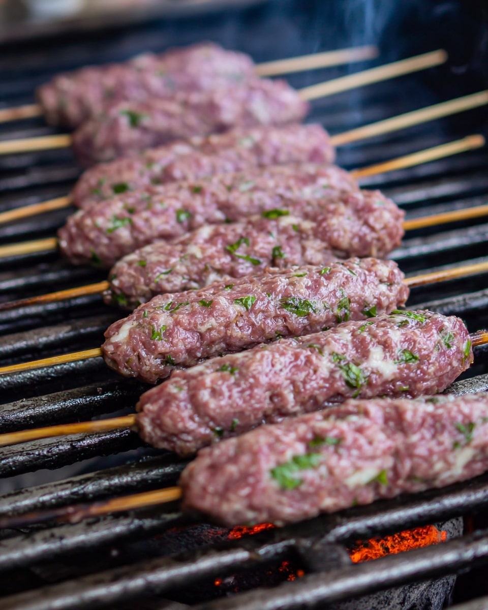Several raw minced meat skewers are laid out closely on a metal grill with visible grill grates. The minced meat is shaped into long, oval forms around thin wooden sticks, with bits of green herbs mixed into the pinkish meat. The scene shows a close-up view of the skewers cooking on the grill with a faint orange glow of heat underneath. The surface beneath the grill is changed to white marbled texture. photo taken with an iphone --ar 4:5 --v 7