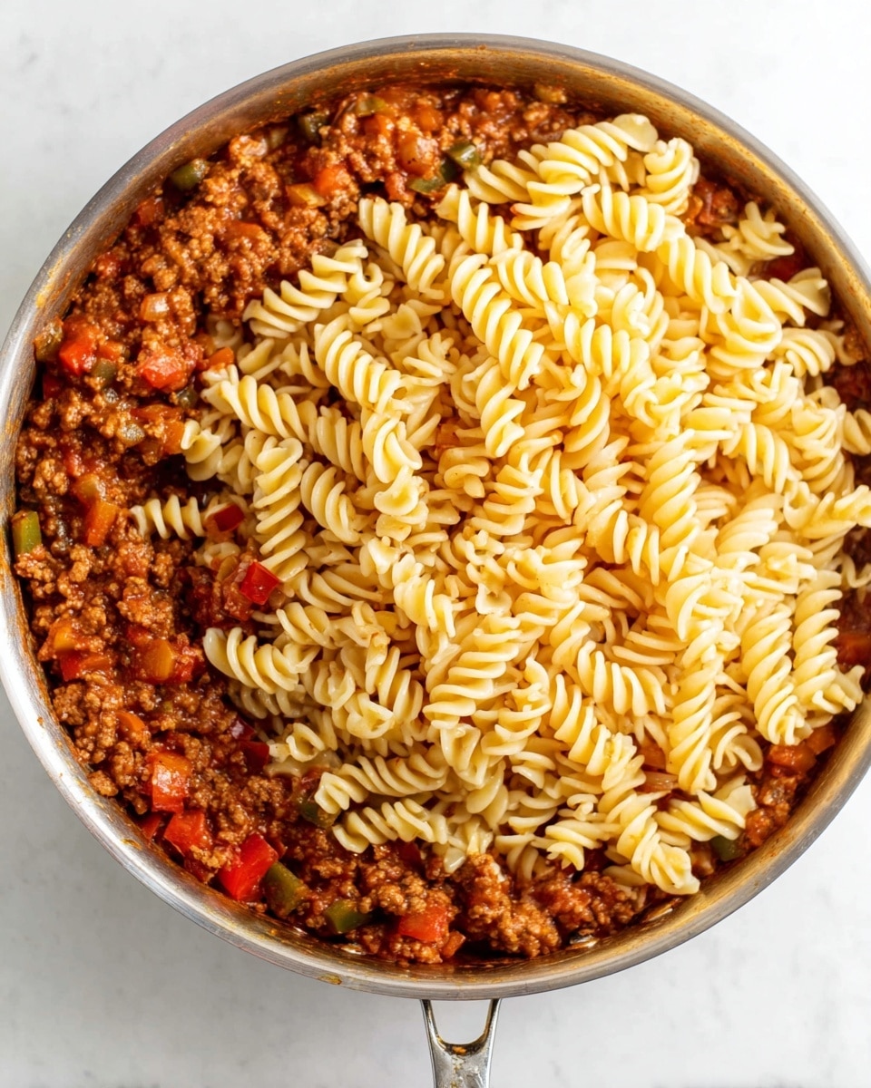In a large silver pan, there is a bottom layer of saucy mixture with ground meat, chopped green and red bell peppers, and diced red tomatoes, giving a rich reddish-brown color with green and red specks visible. On top of this mixture, a large pile of cooked spiral rotini pasta with a soft pale yellow color covers most of the surface, creating a textured, swirled look that contrasts with the saucy base underneath. The pan is placed against a clean white marbled background. Photo taken with an iphone --ar 4:5 --v 7