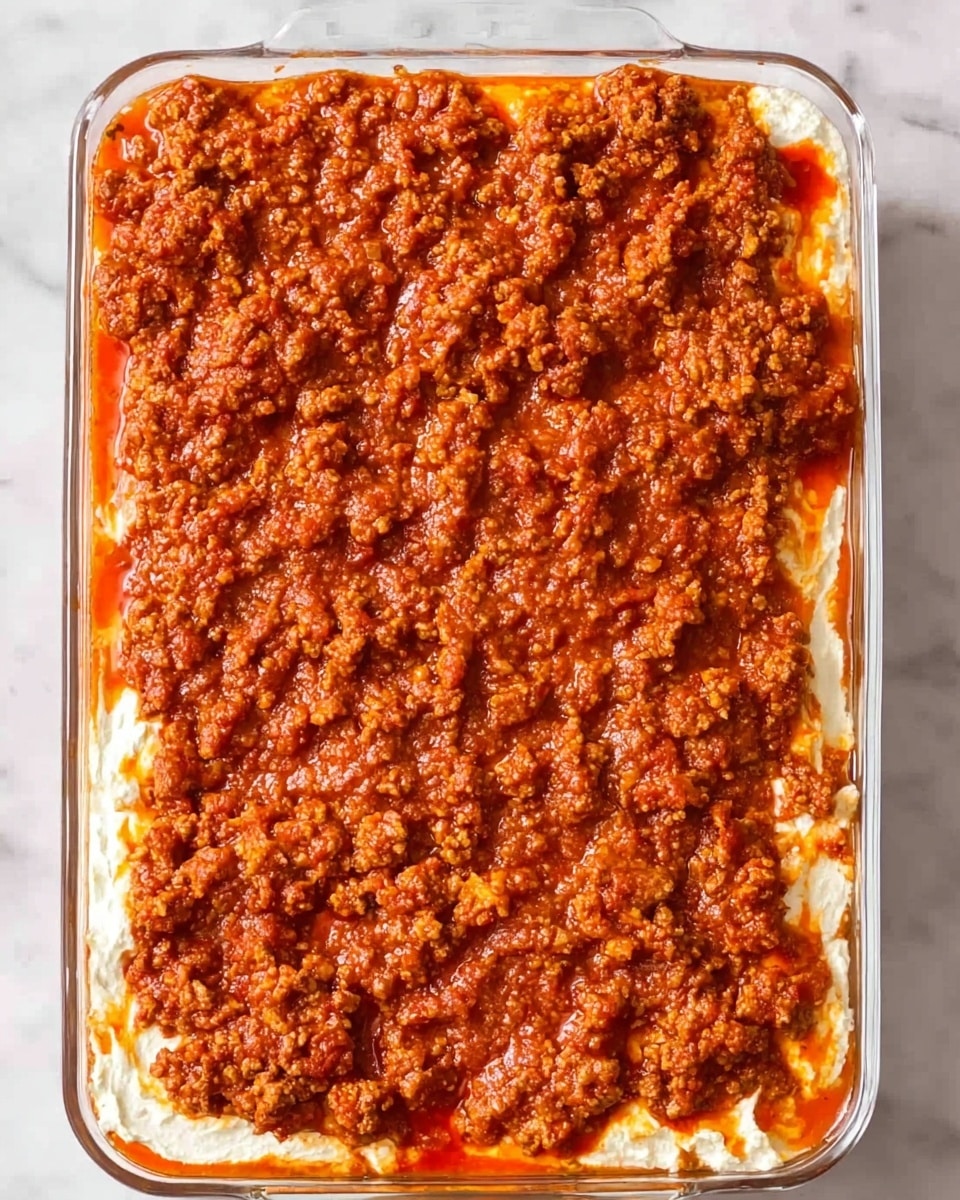 This image shows a clear glass rectangular baking dish filled with layers of food. The bottom visible layer is light creamy white and smooth, spread evenly across the dish. On top of this is a thick layer of chunky, reddish-brown meat sauce, with small browned crumbles mixed evenly with bright tomato sauce covering the entire surface. The meat sauce has a slightly shiny, moist texture with visible bits and a rich, warm color. The dish is placed on a white marbled surface. photo taken with an iphone --ar 4:5 --v 7