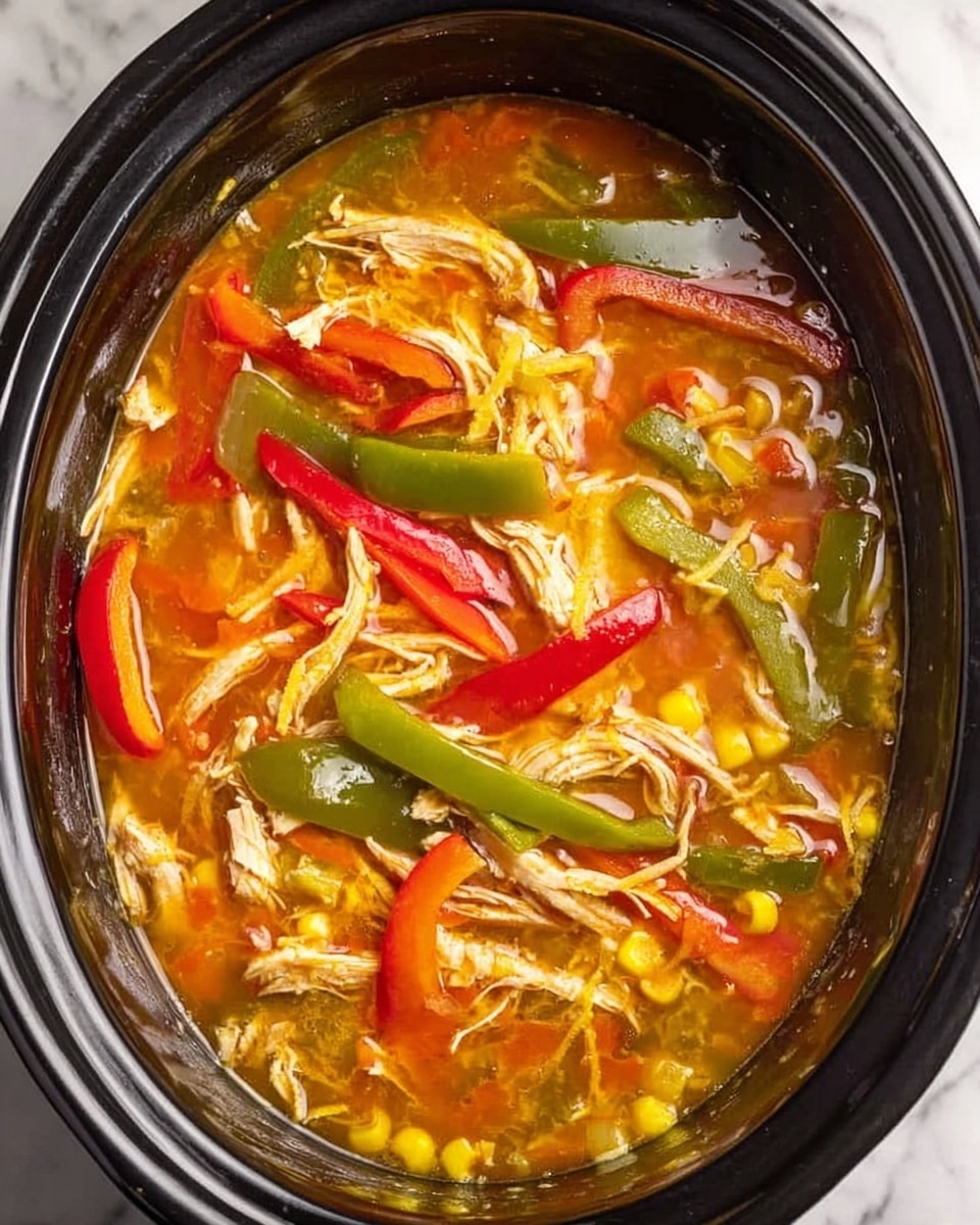 The image shows a slow cooker filled with a colorful soup. There are strips of red, green, and orange bell peppers, and thin slices of yellow onion mixed with shredded pieces of cooked chicken. The soup broth is clear with an orange tint and looks warm and inviting. Small yellow corn kernels are scattered through the soup, adding a pop of color. The slow cooker is black and placed on a white marbled surface. Photo taken with an iphone --ar 4:5 --v 7