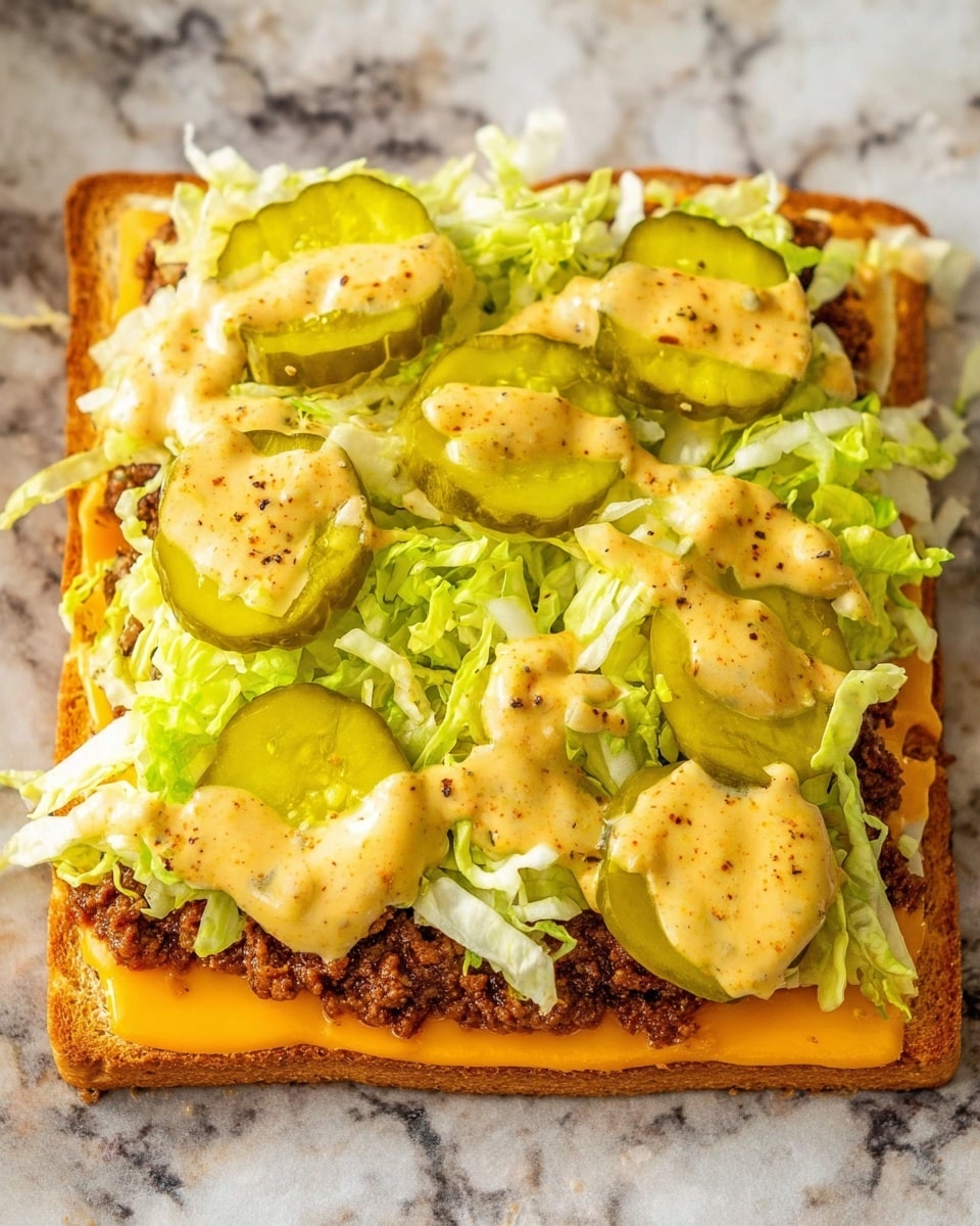The image shows an open-faced sandwich with five visible layers. The bottom layer is a square slice of light brown toasted bread, topped with a layer of melted orange cheese. On top of the cheese is a dark brown ground meat layer, which is covered by shredded light green lettuce. Above the lettuce are several circular green pickle slices placed evenly. The top layer is a creamy, yellow-orange sauce with visible spices, generously spread over the pickles and lettuce. The sandwich rests on a white marbled texture surface. Photo taken with an iphone --ar 4:5 --v 7