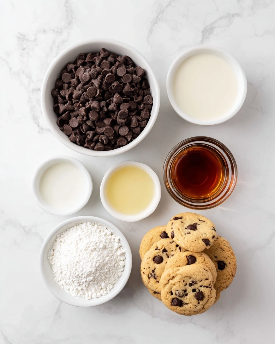 A top view of six small white bowls arranged on a white marbled surface, each holding a different baking ingredient. The largest bowl in the top left is filled with dark brown chocolate chips, tightly packed and smooth. To its right are two smaller white bowls; the top one has a light cream liquid and below it, a pale yellow liquid. Below the chocolate chips bowl is another white bowl filled with a fine white powder. To the right of this bowl is a clear glass bowl holding a dark amber liquid. In the bottom right corner is a medium white bowl stacked with round, light brown chocolate chip cookies dotted with dark chips. photo taken with an iphone --ar 4:5 --v 7