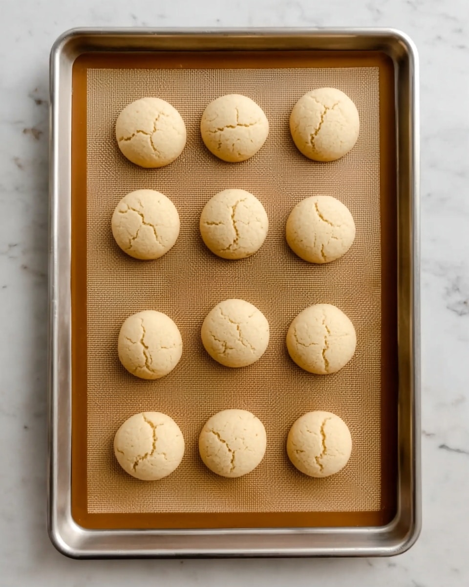 A metal baking tray with a tan silicone mat holds nine round, light beige cookies. Each cookie has a smooth surface with small cracks on top and is evenly spaced in a grid pattern with three rows and three columns. The tray is placed on a white marbled surface that adds a clean, fresh look to the image. photo taken with an iphone --ar 4:5 --v 7