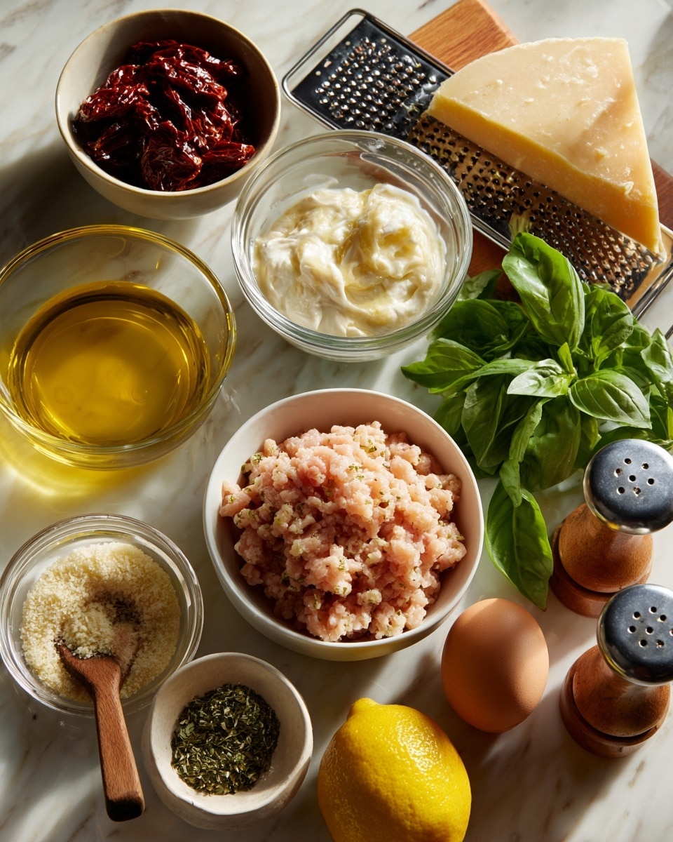 The image shows an overhead view of cooking ingredients placed on a white marbled surface. In the center bottom, there is one white bowl filled with pale pink ground chicken. To the top left of the chicken, a small white bowl holds dark red sun-dried tomatoes. Above that, loose green basil leaves are spread out. Near the top middle, a clear glass bowl contains white heavy cream, while to its immediate right, a wedge of pale yellow Parmesan cheese rests on a grater. Below the bowl of heavy cream, a bright yellow lemon is placed. To the right of the lemon, another clear glass bowl is filled with light tan chicken broth. At the bottom left corner, a glass container with yellow olive oil is visible. Near the middle left, a small wooden bowl holds white panko with a wooden spoon inside. A small white bowl with mixed green Italian seasoning is above the panko. Towards the bottom right, a brown egg is placed next to a white garlic bulb. At the bottom right corner are salt and pepper shakers with silver tops and wooden bodies. photo taken with an iphone --ar 4:5 --v 7