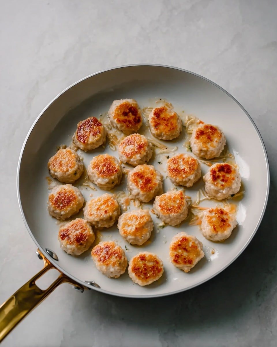 The image shows a white frying pan with a gold-colored handle on a white marbled surface. Inside the pan, there are about 19 small round pieces of meat that are lightly browned on top, arranged in a loose grid pattern. The meat pieces have a slightly crispy golden tan color on the upper side, and the underside remains pale with some texture from cooking. The pan and meat are clean and simple, highlighting the cooking process. photo taken with an iphone --ar 4:5 --v 7