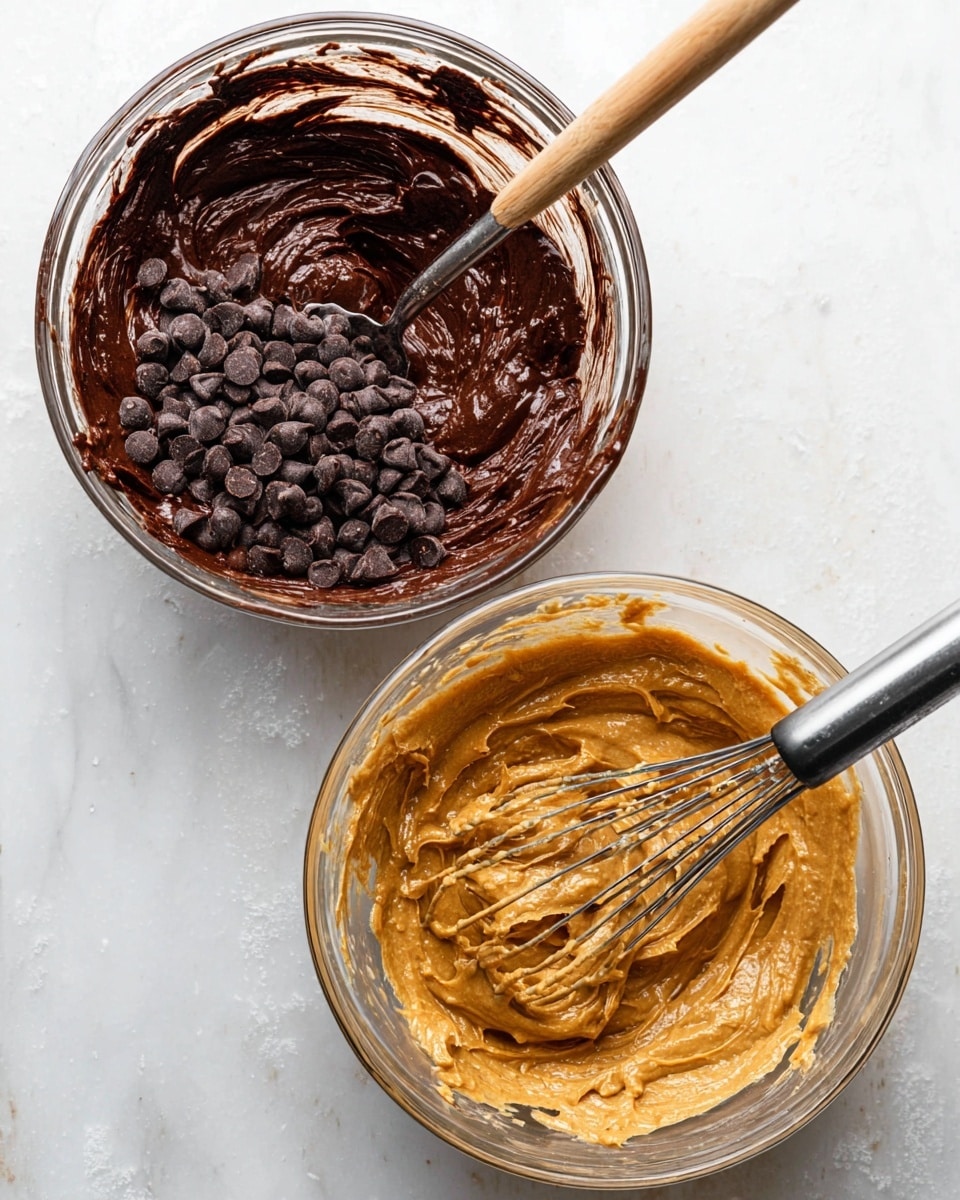 Two clear glass bowls are shown from above on a white marbled surface. The top bowl contains thick dark brown chocolate batter with smooth texture and chocolate chips scattered on one side. A whisk with wooden handle is partly inside the batter. The bottom bowl holds light brown peanut butter batter with a creamy and slightly lumpy texture. A silver whisk rests in this bowl, with batter clinging to its wires. Photo taken with an iphone --ar 4:5 --v 7