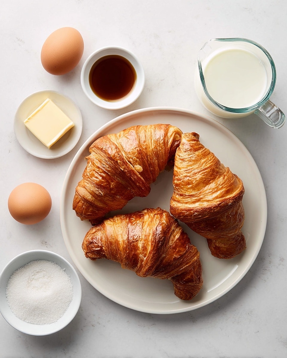 Three golden-brown croissants with a flaky, layered texture sit close together on a large white plate, placed on a white marbled surface. Around the plate are small white bowls containing a square of pale yellow butter, a bowl with white sugar, and a bowl with dark brown vanilla extract. Two brown eggs rest next to the bowls, and a clear glass measuring cup is filled with white milk. The scene is bright and clean with soft natural light. photo taken with an iphone --ar 4:5 --v 7
