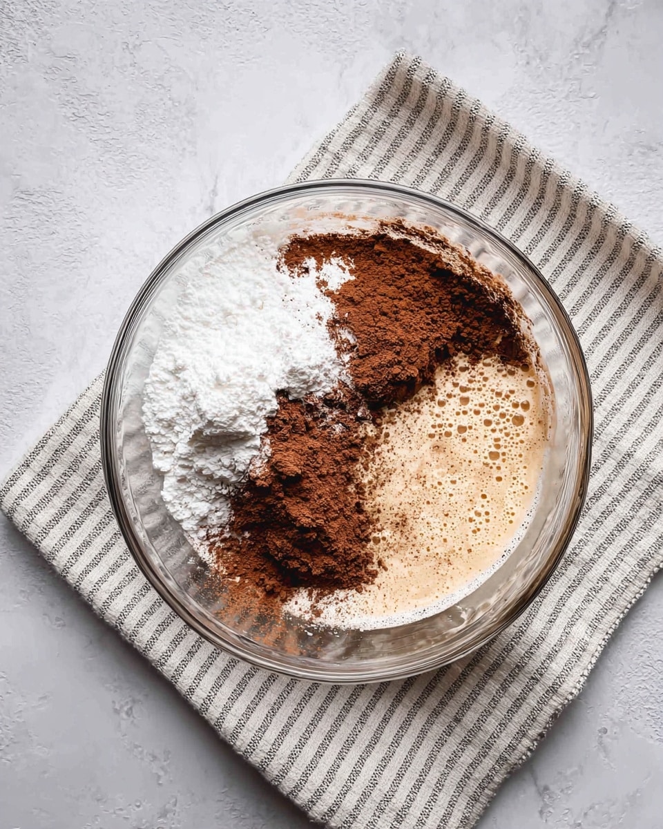A clear glass bowl sits on a striped cloth over a white marbled surface. Inside the bowl, there are four separate ingredients: a bright white powdered layer on the left, a deep brown cocoa powder layer on the right, a lighter white flour layer on the bottom right, and a light brown mixing batter with some bubbles at the bottom center. The textures range from soft and powdery to smooth and slightly wet. Photo taken with an iphone --ar 4:5 --v 7
