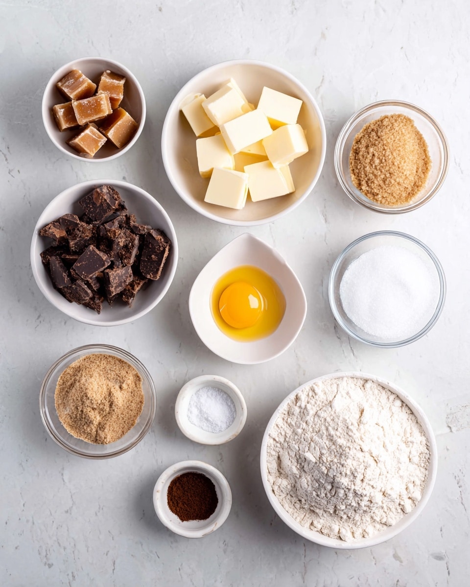 The image shows nine small white and clear glass bowls spread out on a white marbled surface, each containing different baking ingredients. At the top left, there are small square chunks of caramel-colored toffee in one bowl, next to it is a white bowl with six pale yellow butter cubes. A clear glass bowl with light brown sugar is at the top right. Below the toffee, a white spouted bowl holds irregular dark chocolate chunks. In the center, a shallow white bowl has a single bright yellow egg yolk. To its right, another white bowl contains fine white granulated sugar. Toward the bottom right, a white bowl has a heap of fine white flour with a slightly darker rim. There are two small white bowls near the bottom left: one with white powder and a small amount of dark brown powder, and another with a light brown liquid. The clean and simple setup highlights the ingredients clearly. Photo taken with an iphone --ar 4:5 --v 7