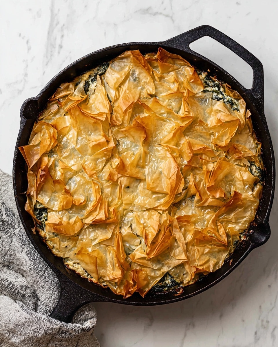 A round black cast iron skillet filled with a layered dish consisting of many thin, crumpled, golden brown sheets of crispy phyllo dough on top. Underneath the crispy phyllo, there are hints of green spinach layers and a creamy white filling visible through some parts. The phyllo is unevenly folded and browned, creating a textured, flaky surface. The skillet is placed on a white marbled surface with part of a gray and white cloth peeking from the bottom left corner. photo taken with an iphone --ar 4:5 --v 7