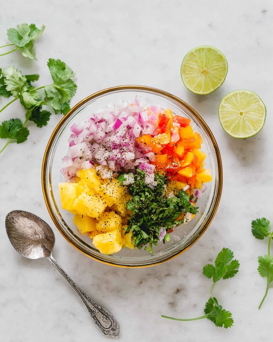 A clear glass bowl with a gold rim is placed on a white marbled surface. Inside the bowl, there are four distinct layers: finely chopped red onion in the top left with a pale pink and white speckled texture, bright chopped orange bell peppers on the right, yellow pineapple chunks at the bottom, and fresh green cilantro leaves on the left. Black pepper is sprinkled on top of the vegetables. Around the bowl are three lime halves with pale green pulp, three small cilantro leaves scattered nearby, and a silver spoon with a detailed handle lying on the surface. Photo taken with an iphone --ar 4:5 --v 7