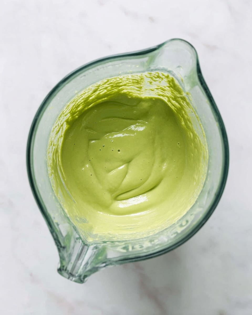 A clear glass blender is shown from above, filled with a smooth, thick green mixture that has a creamy texture. The green layer is evenly spread inside the blender, with visible swirls and a slightly glossy surface. The blender is placed on a white marbled surface, adding a clean and bright background. Photo taken with an iphone --ar 4:5 --v 7