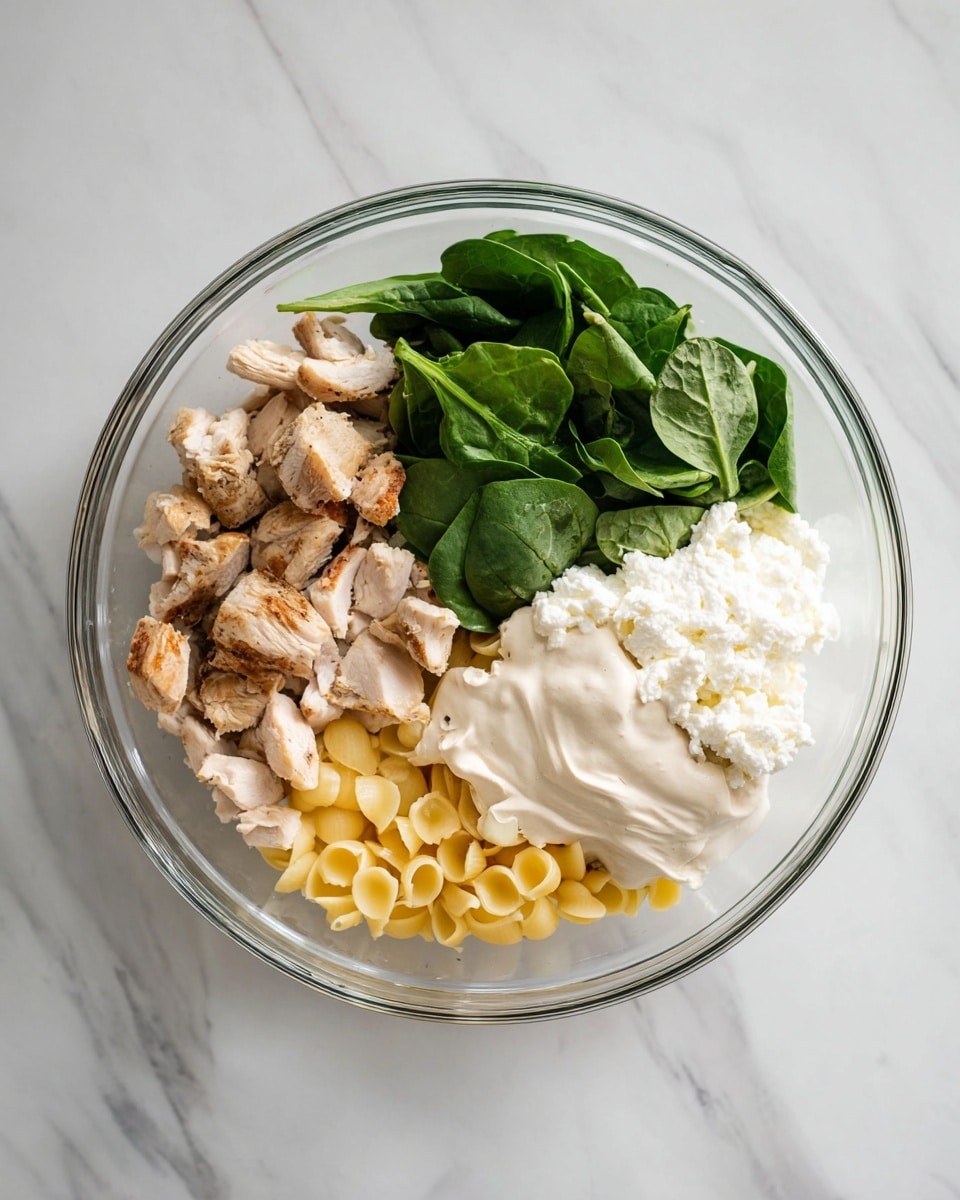 The image shows a clear glass bowl with four layers of food placed separately inside it. In the left section, there are small pieces of cooked light brown chicken with a slightly grilled texture. Next to the chicken, the upper right part holds a pile of fresh dark green spinach leaves. Below the spinach, on the right side of the bowl, a large white, fluffy scoop of cheese or ricotta is placed. In the center bottom section, there is a creamy light beige sauce spread over small round yellow pasta. The bowl is set on a white marbled surface. photo taken with an iphone --ar 4:5 --v 7