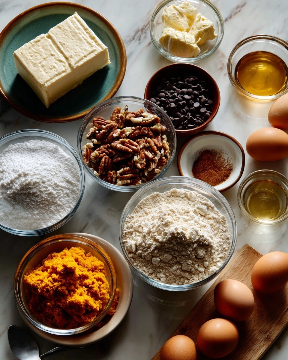 The image shows an overhead view of various baking ingredients neatly arranged on a white marbled surface. There are clear glass bowls filled with different ingredients: a large bowl of white powdered sugar on the left, a medium bowl of chopped pecans below the center, a medium bowl of dark chocolate chips to the right center, a small bowl of brown pumpkin pie spice near the bottom right, a small bowl of salt near the top right, and a medium bowl with bright orange pure pumpkin above the center. Alongside these bowls, a white package of cake mix sits in the center. To the right of the cake mix are three brown eggs, and near them is a small bowl with a golden liquid vanilla extract. At the top left, a foil-wrapped block of cream cheese is placed next to a small bowl of melted butter, and a small bowl of clear oil sits to the right. A transparent glass mug with water is at the bottom left. Each ingredient is labeled in bold black text above or near it. The background is a white marbled tabletop with some light wood textures. photo taken with an iphone --ar 4:5 --v 7