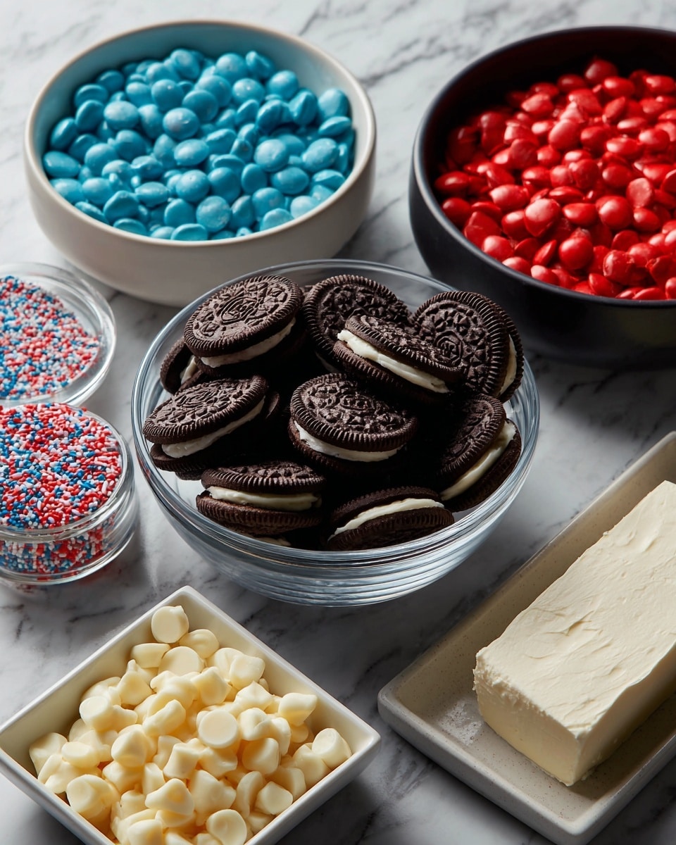 The image shows five bowls and packages laid out on a white marbled surface. At the center is a clear glass bowl filled with whole chocolate sandwich cookies, dark brown with light cream in the middle. Above it to the left is a white bowl filled with bright blue candy melts, smooth and round. To the right is a black bowl filled with red candy melts, similar in shape and texture to the blue ones. Below the cookie bowl is a white square dish holding a block of pale yellow butter divided into smaller squares. To the right of the butter is a wrapped silver package, possibly cream cheese, and to the left of the cookies is a small container of red, white, and blue sprinkles. photo taken with an iphone --ar 4:5 --v 7