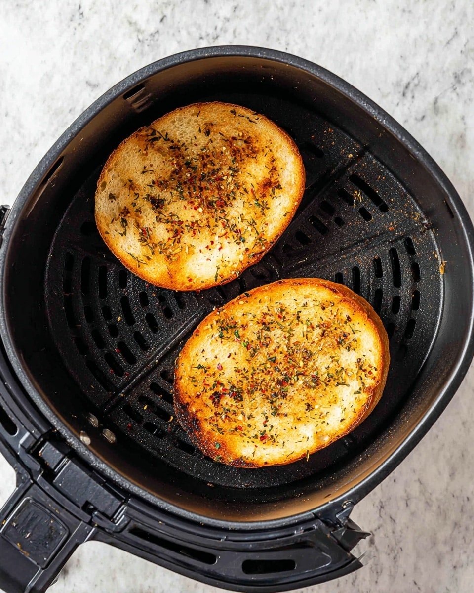 Two round slices of bread with a golden brown color and a sprinkling of herbs and spices on top are placed inside a black air fryer basket. The bread slices show a slightly crispy texture with some darker toasted spots, making them look well-seasoned and crunchy. The air fryer basket is set on a white marbled surface. photo taken with an iphone --ar 4:5 --v 7