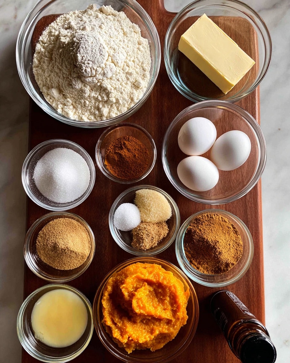 The image shows ten clear glass bowls and two white eggs arranged neatly on a dark wooden board over a white marbled surface. The largest bowl at the top center is filled with white flour with a textured round scoop mark. To its right, there is a bowl holding a square block of yellow butter. Below the flour, a medium bowl contains white granulated sugar, and next to it on the left, another bowl holds light brown sugar pressed flat on top. On the left side just above the eggs, a bowl has white powder mixed with two brown spices. To the right of the eggs, a bowl contains various brown spices clustered together. On the bottom left, a bowl with smooth pale yellow liquid sits beside a bowl of light beige brown sugar crumbs. At the bottom right, a bowl holds bright orange pumpkin puree with a small scoop mark in the middle. A small dark bottle is positioned in the bottom left corner. Photo taken with an iphone --ar 4:5 --v 7