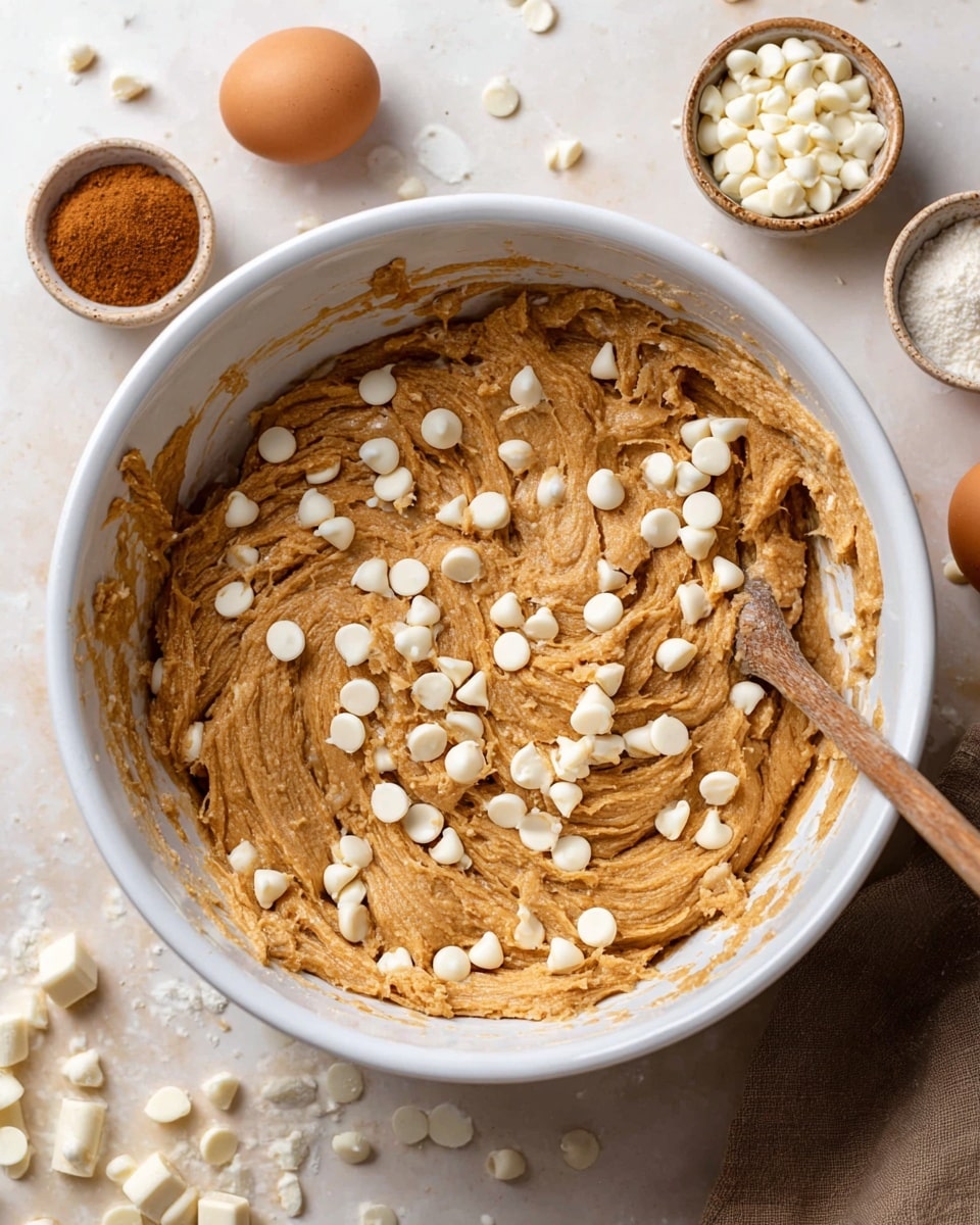A large white bowl filled with a textured, thick, light brown dough mixed with many small, smooth, white chocolate chips spread evenly through it. The dough looks soft and creamy with visible swirls and ridges from mixing. Around the bowl, the white marbled surface holds scattered white chocolate chips, a small container of light brown cinnamon powder, a small bowl of coarse white salt, a broken brown egg, and a jar of dark brown sugar, giving a warm and cozy baking scene. A wooden spoon rests inside the bowl, partially covered in dough. Photo taken with an iphone --ar 4:5 --v 7