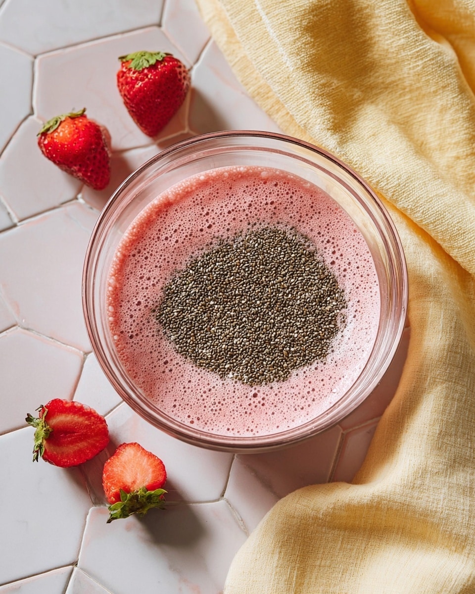 A clear glass bowl sits on a white marbled hexagonal tiled surface, filled with two visible layers: the bottom layer is a frothy pink liquid with many tiny bubbles, and the top layer is a dense mound of small, dark brown chia seeds evenly spread across the middle. Surrounding the bowl are half and whole bright red strawberries with green leaves, placed casually on the surface. A soft yellow cloth and a white cloth are tucked beside the bowl, adding texture and warmth to the scene. photo taken with an iphone --ar 4:5 --v 7