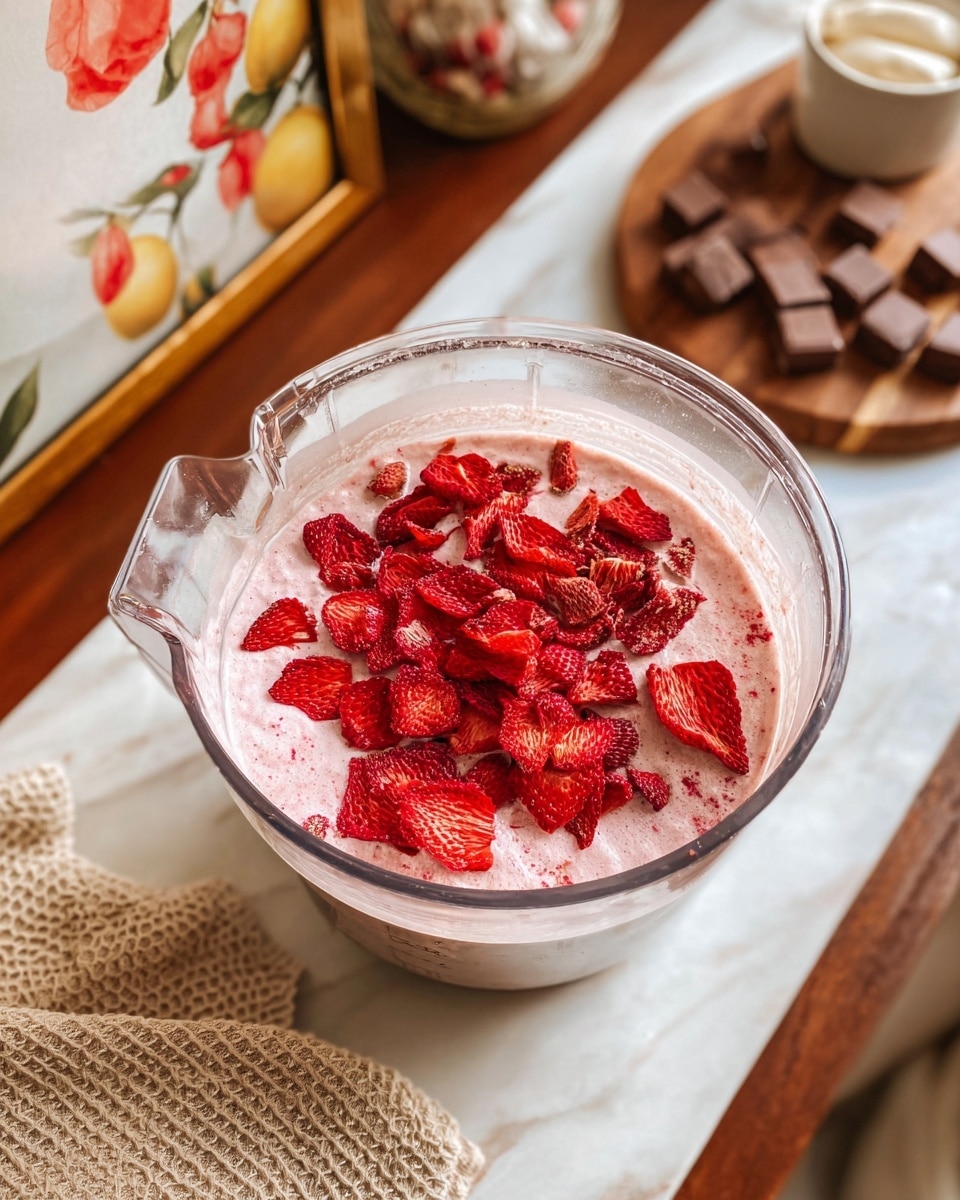 A clear blender bowl filled with a light pink creamy mixture at the bottom layer and topped with bright red dried strawberry slices scattered unevenly across the surface. The blender sits on a white marbled countertop beside a wooden cutting board with various brown squares of chocolate in a small white bowl in the background. A textile with a beige waffle pattern is partially visible near the back, and part of a framed lemon artwork with a wooden frame is seen at the top edge of the image photo taken with an iphone --ar 4:5 --v 7