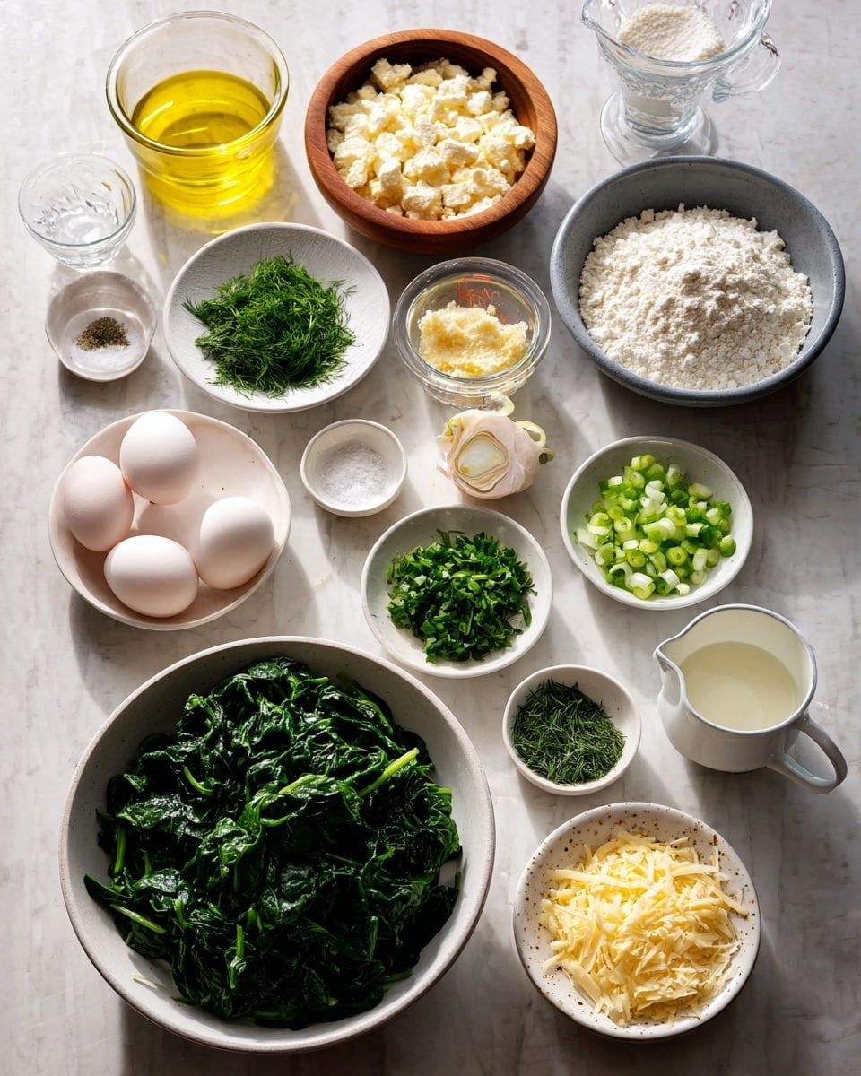The image shows many small white bowls and plates arranged neatly on a white marbled surface, each holding different ingredients. In the bottom left is a large white bowl filled with dark green chopped spinach leaves. To the right of it, a clear measuring cup holds white flour. Above the flour is a gray bowl with white crumbly cheese. Next to that is a small wooden bowl with grated pale yellow cheese. There are two white eggs on a small white plate nearby. Above them, fresh chopped green onions in a white bowl and finely chopped shallots in another white bowl sit side by side. Three more small white bowls contain chopped fresh herbs—one with parsley, one with dill, and one with mint. A tiny white plate holds grated yellow lemon zest. Another white bowl at the top left contains yellow olive oil, next to a small gray bowl of salt and pepper, and a small jug of light liquid at the far right. A small white pitcher at the bottom left holds creamy white yogurt. The lighting is bright and clear. photo taken with an iphone --ar 4:5 --v 7