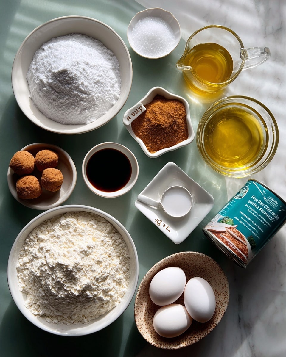 The image shows baking ingredients arranged neatly on a white marbled surface. There is a large white bowl filled with white flour at the bottom center, next to a white bowl filled with granulated sugar on the left. Above them, a small white bowl holds white granulated salt, while a small white bowl contains dark brown liquid, likely vanilla extract. A small white dish with two brown sugar balls and ground cinnamon sits to the left. A small measuring cup marked