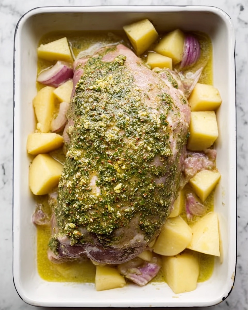 The image shows a single large piece of raw meat coated thickly with a green herb sauce, sitting in the middle of a white rectangular tray. Around the meat, there are unevenly cut chunks of pale yellow potatoes and some pieces of purple onions. The entire tray is filled partly with a light yellow liquid, likely a marinade or broth. The background is a white marbled surface. photo taken with an iphone --ar 4:5 --v 7