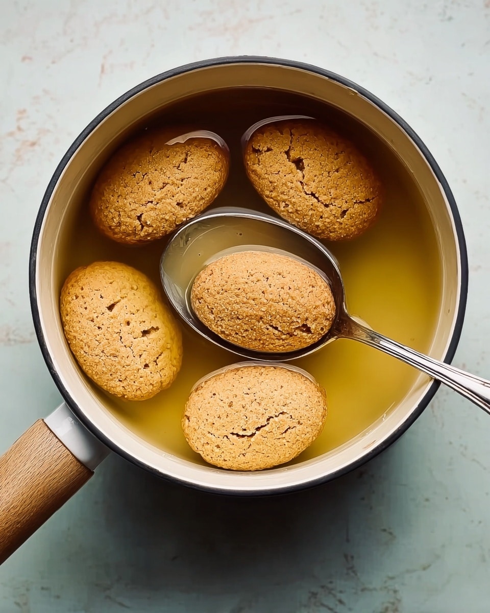 The image shows a white pot filled with light golden liquid, with five round, light brown cookies floating inside. The cookies have a slightly cracked surface texture and small dark specks. A shiny metal spoon is partially submerged in the liquid, lifting one cookie slightly above the rest. The pot handle has a wooden grip. The pot is placed on a white marbled surface. photo taken with an iphone --ar 4:5 --v 7