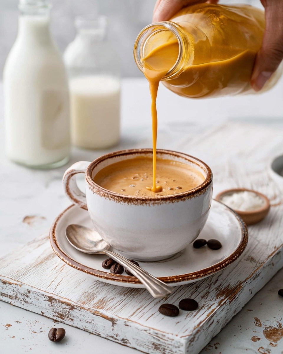 A close-up image shows a creamy light brown coffee in a white cup with a rustic brown rim, placed on a matching saucer with a small silver spoon on the right side. A woman's hand is pouring a thick, bright orange liquid from a small glass bottle into the center of the coffee, creating a splash and mix of colors. The cup and saucer rest on a worn white wooden board, with a few dark roasted coffee beans scattered near the cup. In the blurred background, there is a glass bottle of milk and another small bottle on a white marbled surface. Photo taken with an iphone --ar 4:5 --v 7