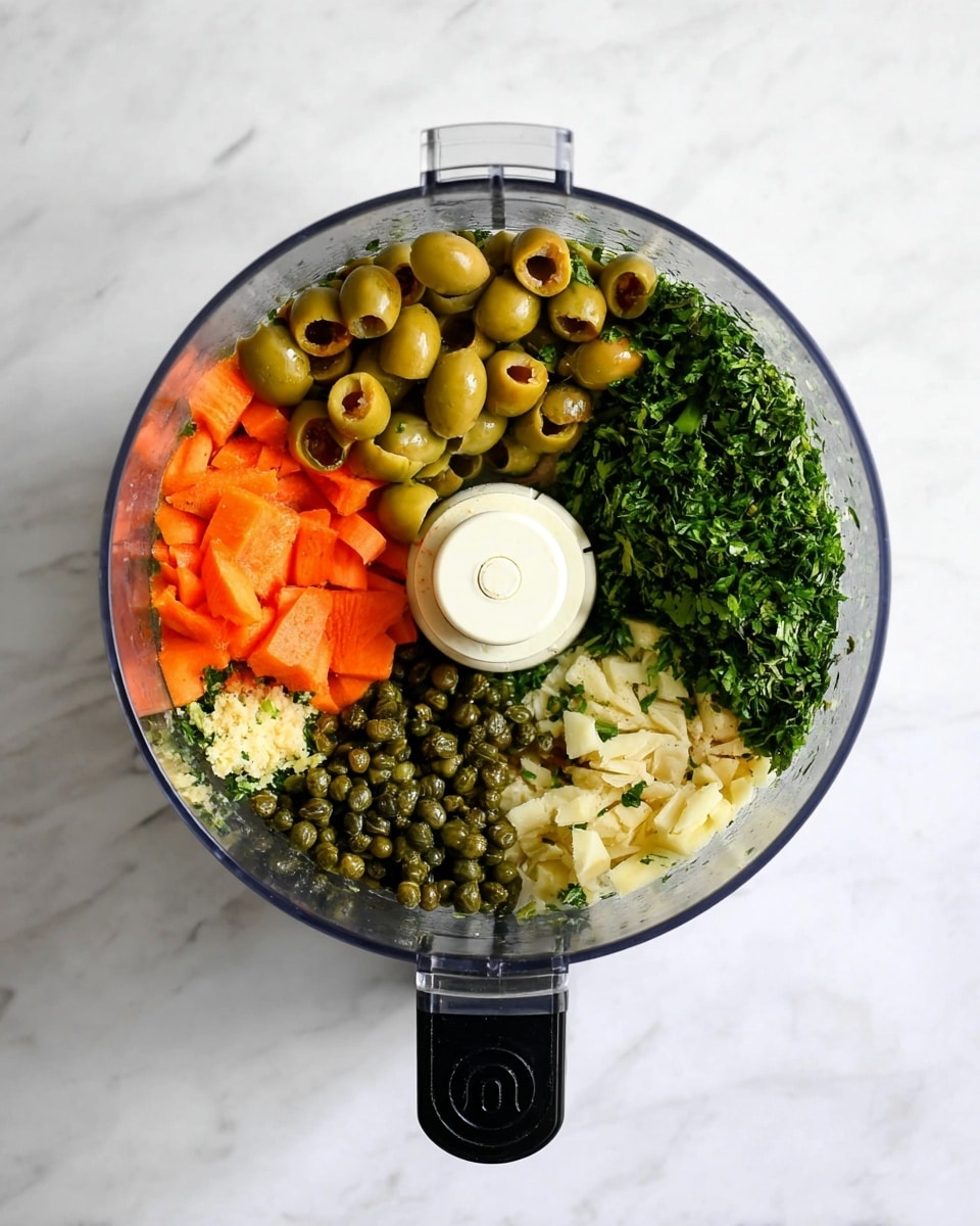 Inside a clear food processor bowl sitting on a white marbled surface, there are five distinct layers of ingredients arranged in sections. One section holds chopped green olives with a smooth, shiny texture. Next to it are bright orange pieces of carrot, cut into small chunks. Another section contains finely chopped fresh green herbs with a leafy texture. Below that, there are small, round, dark green capers with a slightly glossy surface. Finally, there is a small portion of minced pale yellow garlic with a soft, moist texture. A white plastic blade part is in the center of the bowl, with a black handle extending from the right side. Photo taken with an iphone --ar 4:5 --v 7