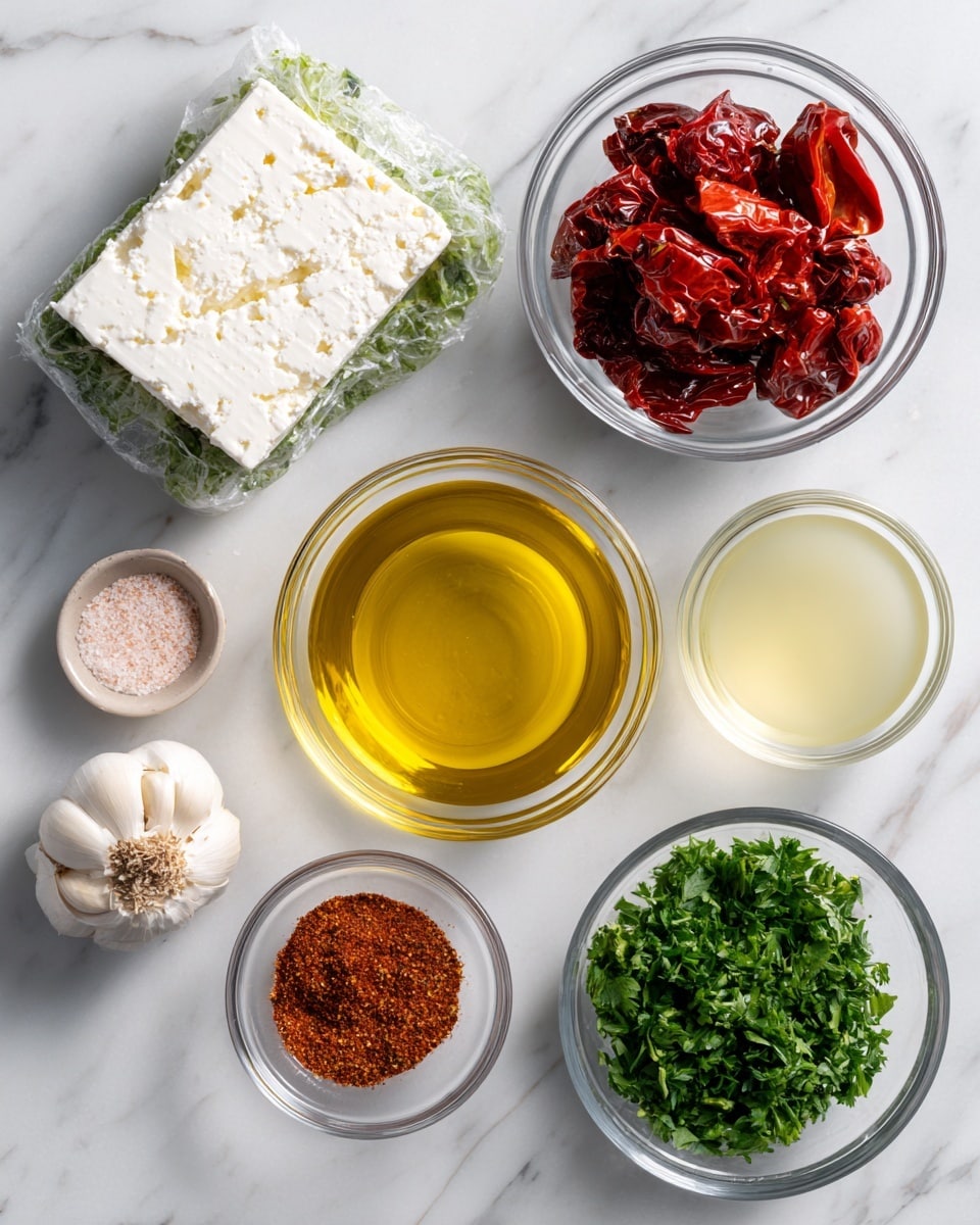 The image shows various ingredients placed separately on a white marbled surface. In the top left corner, a block of white feta cheese in a green and white wrapper sits. To the right, in a small clear glass bowl, there are deep red roasted red pepper pieces with a slightly charred texture. Below the cheese, a larger clear glass bowl holds golden yellow olive oil. Next to it on the right is a smaller clear bowl with pale lemon juice. On the lower left side, two white garlic cloves are in a small clear bowl. In the center bottom, there is a small bowl filled with ground cayenne pepper, a mix of red and brown tones. At the bottom left corner, a tiny bowl holds a mix of pink salt and ground black pepper. Lastly, in the bottom right corner, a small clear bowl contains bright green chopped parsley. All items are distinct and neatly arranged without overlapping. Photo taken with an iphone --ar 4:5 --v 7