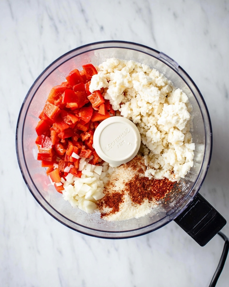 Inside a clear food processor bowl, there are four main layers of ingredients arranged separately. On the left side, bright red diced roasted peppers with a slightly soft texture are visible. To the right, there is a large portion of white crumbled cheese with a grainy texture. On the top-right, some small chopped white pieces, likely garlic or onion, are scattered. At the bottom, there is a sprinkle of reddish-brown spice powder, adding contrast to the lighter ingredients. The food processor is on a white marbled surface, and a black power cord extends from the right side. Photo taken with an iphone --ar 4:5 --v 7