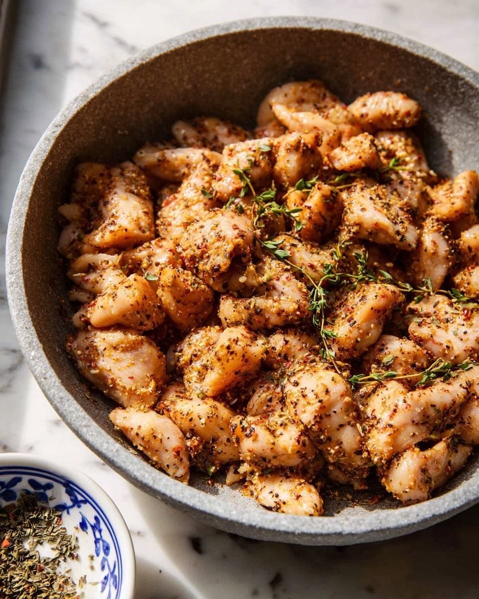 A bowl filled with small, light pink pieces of raw chicken mixed well with dark spices speckled all over, giving the chicken a brownish tint. Some small green herb leaves are scattered on and around the chicken pieces. The bowl is gray with a rough texture on the inside and is placed on a white marbled surface. A white bowl with blue patterns showing spices is partially visible in the bottom left corner. The photo taken with an iphone --ar 4:5 --v 7