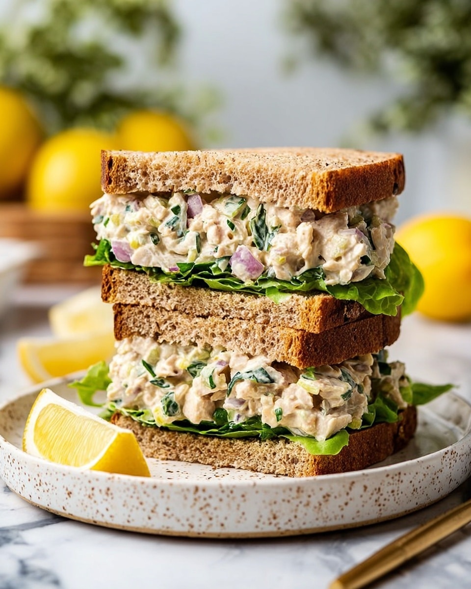 The image shows a tall sandwich made with three slices of toasted brown bread stacked with two thick layers of creamy, light beige chicken salad mixed with green leafy herbs and small pieces of purple onion, along with fresh green lettuce leaves peeking out between the layers. The sandwich is placed on a white speckled plate with a slice of lemon on the side, set on a white marbled surface with some blurred lemons and greenery in the background. Photo taken with an iphone --ar 4:5 --v 7