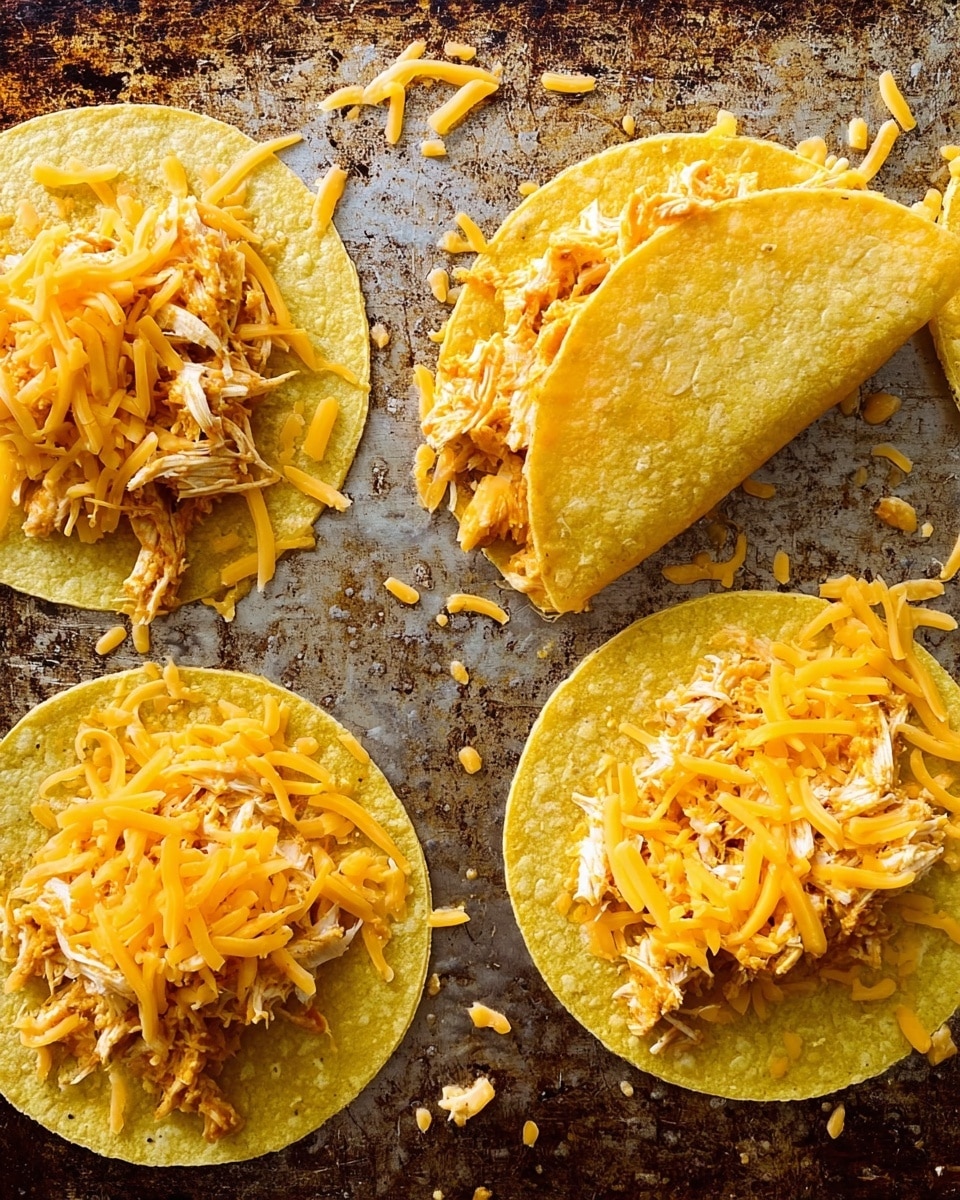 The image shows five soft yellow corn tortillas laid out on a textured metal baking sheet. Each tortilla has two layers: the bottom layer is bright yellow shredded cheese that looks soft and slightly glossy, and the top layer is a mix of creamy, orange shredded chicken filling spread unevenly in the center of each tortilla. One of the tortillas in the top right corner is folded over to form a half-moon shape with the filling inside. The baking sheet underneath is rustic and brown with spots of melted cheese. The whole scene is vibrant with yellow, orange, and brown tones. photo taken with an iphone --ar 4:5 --v 7