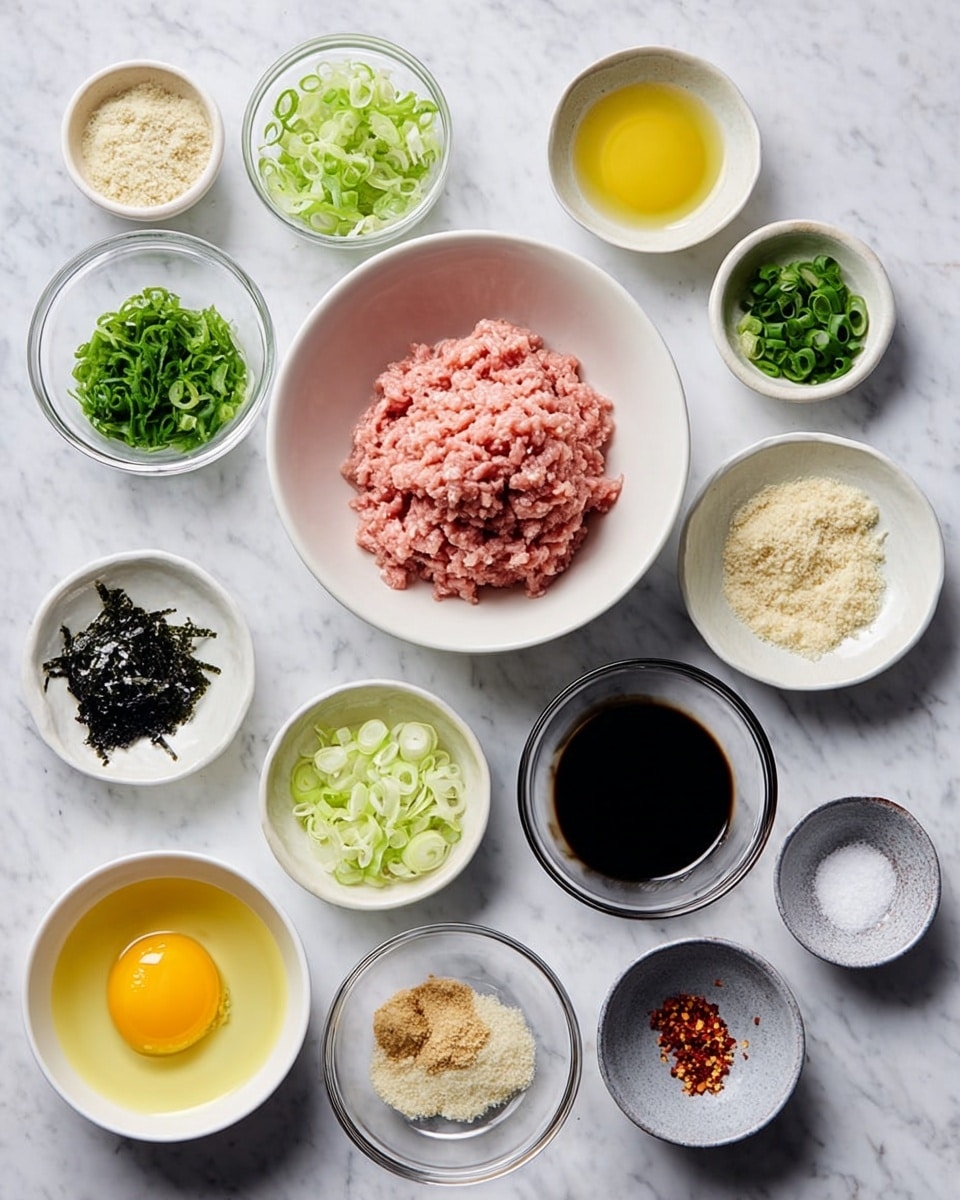 A top view of many small white bowls and clear glass bowls arranged neatly on a white marbled surface. The center has a white bowl filled with three layers of light pink ground meat. Around it, there are white bowls with light green chopped herbs, light green sliced scallions, off-white panko, and dark soy sauce. Several other white dishes hold light yellow egg yolk, yellow oil, dark brown sauce, minced garlic, grated ginger, light yellowish juice, and small piles of finely minced garlic and ginger. A small gray bowl with red chili flakes and white dishes with salt, black pepper, and light green lime zest complete the setup. photo taken with an iphone --ar 4:5 --v 7