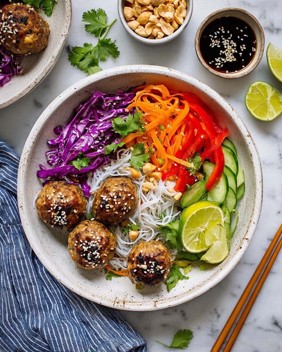 There is a white oval plate with ten golden-brown meatballs that have green herb bits within them. The meatballs have a slightly shiny, cooked surface with some darker grilled marks. On the right side of the plate, there is a small white scalloped bowl filled with a dark dipping sauce that has tiny bits of red and yellow floating in it. Around the plate, there are sprigs of fresh green cilantro and several lime wedges on a white marbled surface. photo taken with an iphone --ar 4:5 --v 7