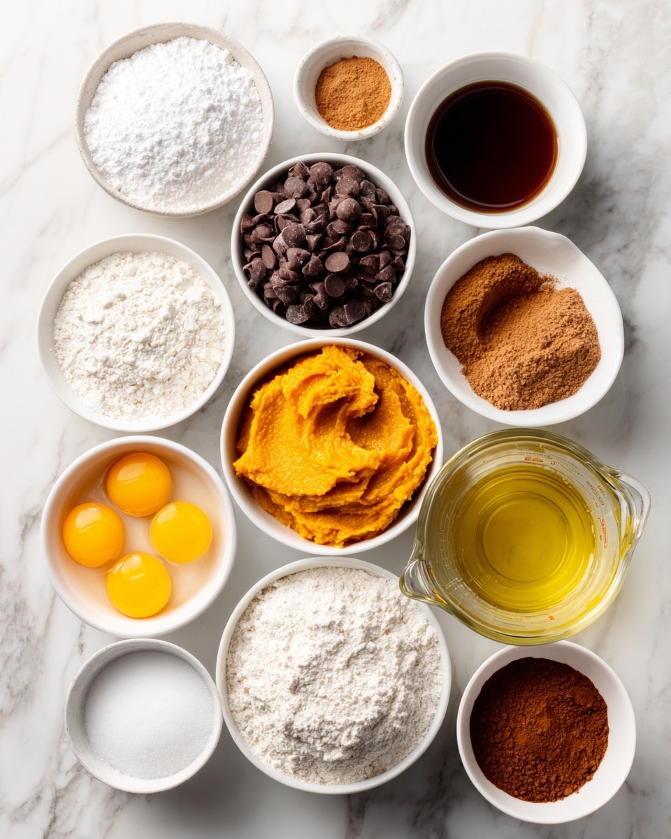 This image shows eleven small white bowls and a clear glass measuring cup arranged neatly on a white marbled surface. From left to right, the first row has a bowl of white baking soda powder, a bowl filled with dark brown chocolate chips, and a bowl with golden brown cinnamon powder. In front of those, there is a bowl with bright orange pumpkin puree, a white bowl with white baking powder, and a bowl filled with white sugar. Towards the right, there is a white bowl of smooth flour, a small bowl of dark amber vanilla extract, a clear glass measuring cup containing yellowish oil, and two eggs in a white bowl with bright yellow yolks floating in clear egg whites. Finally, there are two small bowls at the far right - one with a light brown powder of brown sugar and one with dark brown powder of pumpkin pie spice, plus a small white bowl of salt. Photo taken with an iphone --ar 4:5 --v 7