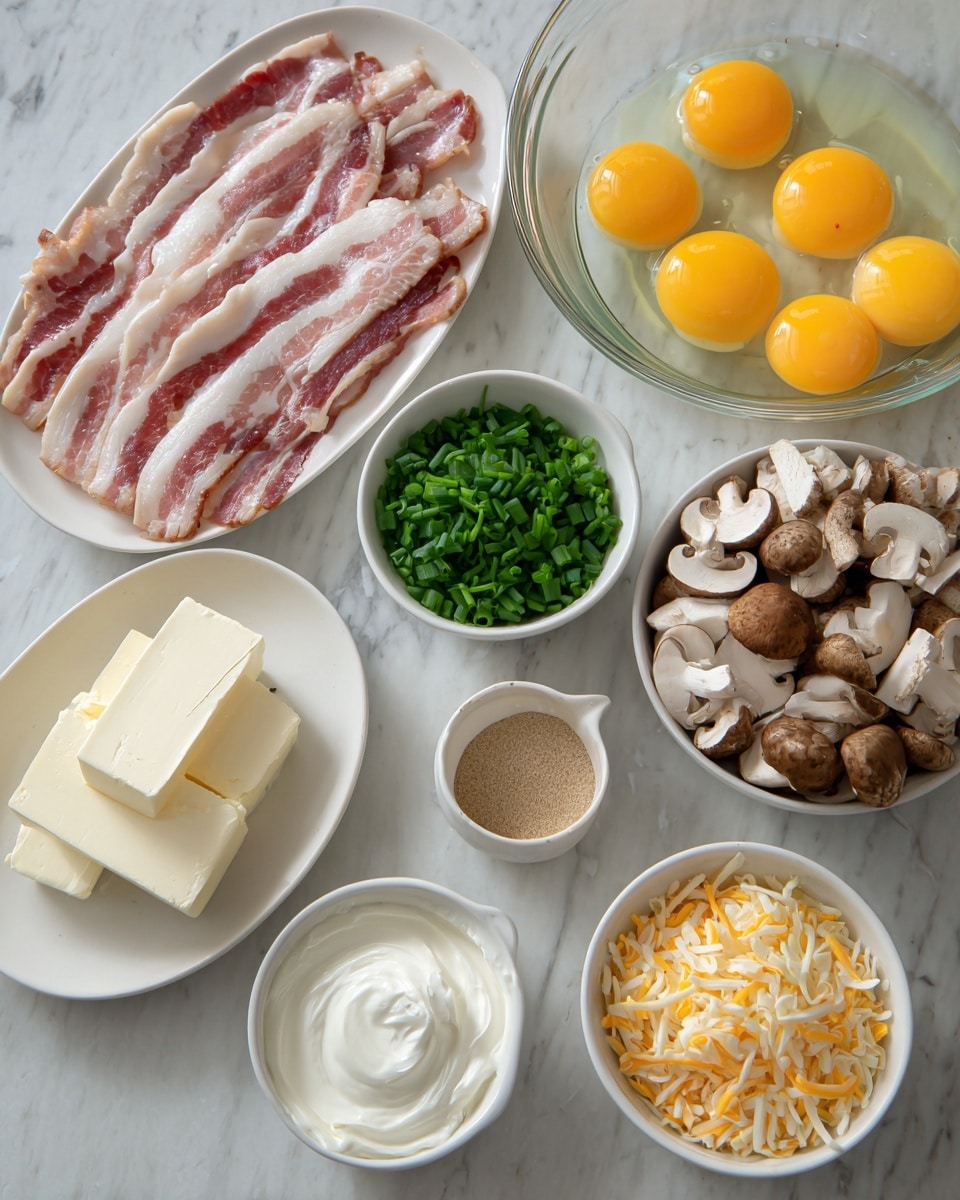 The image shows several white bowls and a white oval plate on a white marbled surface. The oval plate on the left holds many slices of raw bacon with pink and white fat layers. Above the plate is a small white bowl filled with chopped green onions, bright green and finely chopped. To the right, a large clear glass bowl contains many raw eggs with bright yellow yolks surrounded by the clear whites. Below this are three smaller white bowls: one with smooth white sour cream, one with two small pale yellow butter squares on a white dish, and one with light brown seasoning powder. To the right of the large egg bowl, a white bowl holds chopped mushrooms with a light brown and cream color, and below it, another white bowl is filled with shredded cheese in two colors—orange cheddar on one side and pale yellow mozzarella on the other. The whole setup presents fresh ingredients ready for cooking, photo taken with an iphone --ar 4:5 --v 7