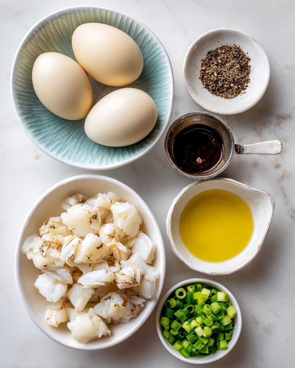 The image shows six different ingredients arranged on a white marbled surface. At the top left, three pale cream eggs rest in a light blue ribbed white bowl. To the right of the eggs, there is a small metal cup with dark brown fish sauce inside. Below the eggs, a small white bowl contains coarse black pepper. Next to it, to the right, is a metal cup holding clear yellow oil. At the bottom left, a white oval bowl is filled with chunks of white crab meat with some light brown edges. Finally, at the bottom right, a small white bowl contains chopped green scallions. Each bowl and cup is neatly spaced apart and clearly visible. Photo taken with an iphone --ar 4:5 --v 7