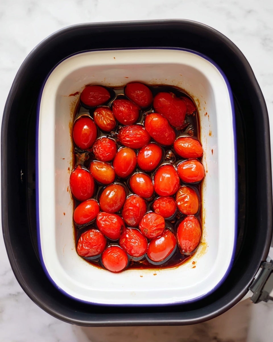 A white rectangular dish with a thin blue rim holds about twenty small, halved cherry tomatoes. The tomatoes are bright red and glossy, sitting in a dark brown liquid sauce that partially covers the bottom of the dish. The dish is inside a black round air fryer basket, and the whole setup rests on a white marbled surface. photo taken with an iphone --ar 4:5 --v 7