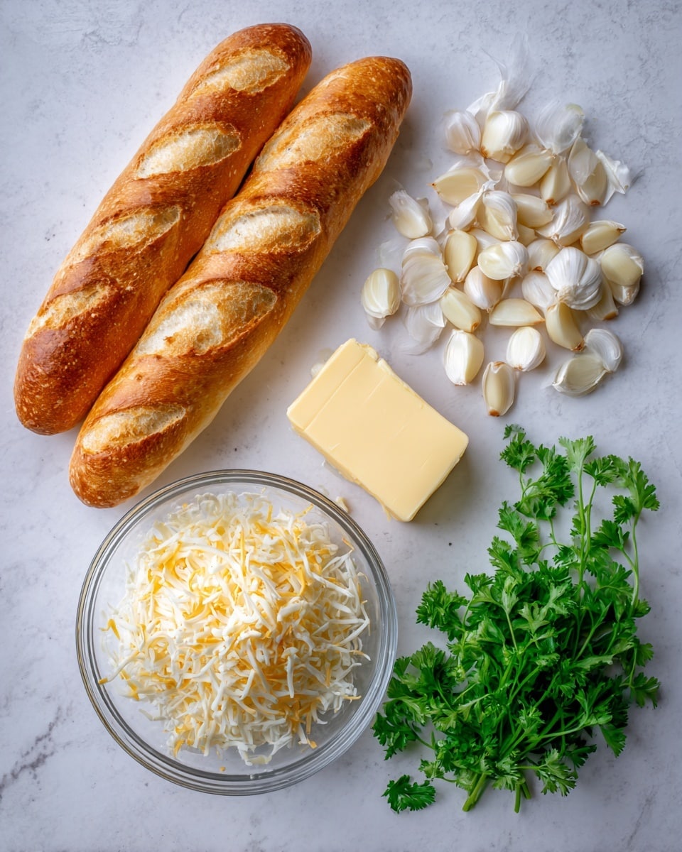 The image shows five food items on a white marbled background. At the top left, there are two golden-brown French breads with a crispy crust, crossed slightly. At the top right, there are many small, peeled garlic cloves in a off-white cream color, scattered loosely. Below the bread on the left side, there is a small slab of bright yellow salted butter with a soft and smooth texture. On the right side opposite the butter, there is a small bunch of fresh green parsley with delicate leaves and thin stems. At the bottom left, there is a clear round bowl filled with a shredded three-cheese blend; the shredded cheese is a mix of white, pale yellow, and darker yellow colors, evenly divided in the bowl. Each item is clearly separated with text labels in black below or beside them. Photo taken with an iphone --ar 4:5 --v 7
