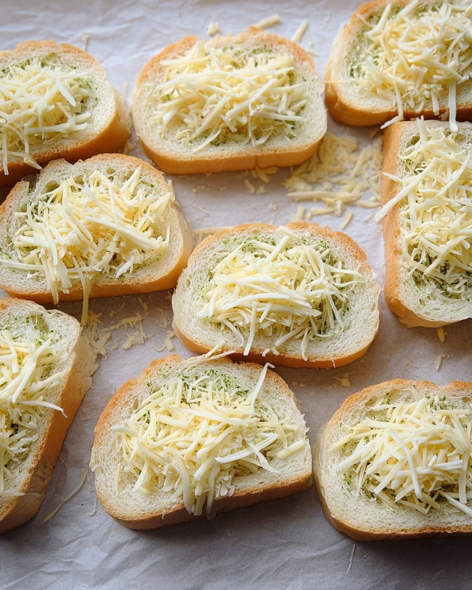 The image shows several pieces of sliced bread placed closely together on a white marbled surface covered with parchment paper. Each bread slice has two layers: the bottom layer is a soft light beige bread slice with a slightly crusty edge, and the top layer is a mix of shredded white and light yellow cheese sprinkled evenly on each slice. Some bread slices have a thin greenish spread under the cheese that adds texture and color contrast. The arrangement appears ready for baking, and the overall look is simple and inviting. photo taken with an iphone --ar 4:5 --v 7