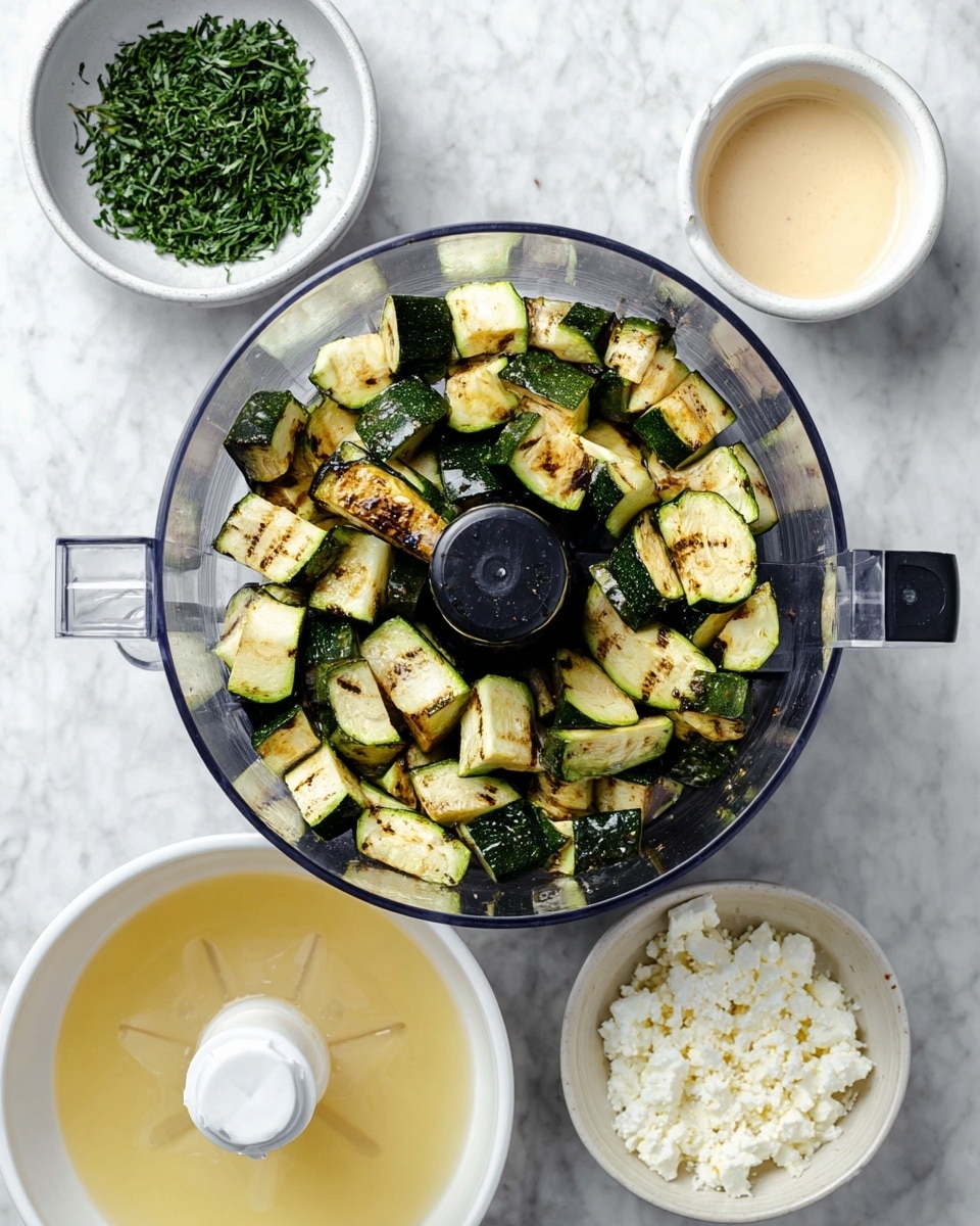 The image shows a food processor bowl filled with grilled zucchini pieces, which are green with light brown grill marks, scattered unevenly inside. Above the processor, there are two small white bowls; the one on the left is filled with fresh green chopped herbs, and the one on the right holds a smooth light beige sauce. Below the processor, there is a white citrus juicer bowl with pale yellow liquid and a central reamer, and next to it is a small white bowl filled with crumbly white cheese. All items are placed on a white marbled surface. photo taken with an iphone --ar 4:5 --v 7
