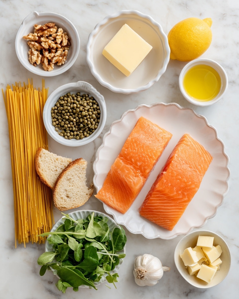 The image shows raw ingredients neatly arranged on a white marbled surface. At the top right, two bright orange salmon fillets with smooth texture lay on a small white scalloped plate. To the top left, a small white bowl holds light brown walnuts, while below it, another white bowl contains greenish baby capers. In the center, uncooked spaghetti stands upright in a neat pile next to a white bowl filled with a pale square of unsalted butter. To the right, a whole yellow lemon and a bulb of garlic sit side by side. Near the bottom left, two slices of soft sourdough bread rest on a white scalloped plate. At the lower left corner, fresh watercress leaves with bright green round leaves spread out. Near the bottom center and right, a small white dish with pale yellow parmesan cheese chunks and a white bowl of golden olive oil complete the set. The scene is bright and clean, showing all ingredients clearly. Photo taken with an iphone --ar 4:5 --v 7