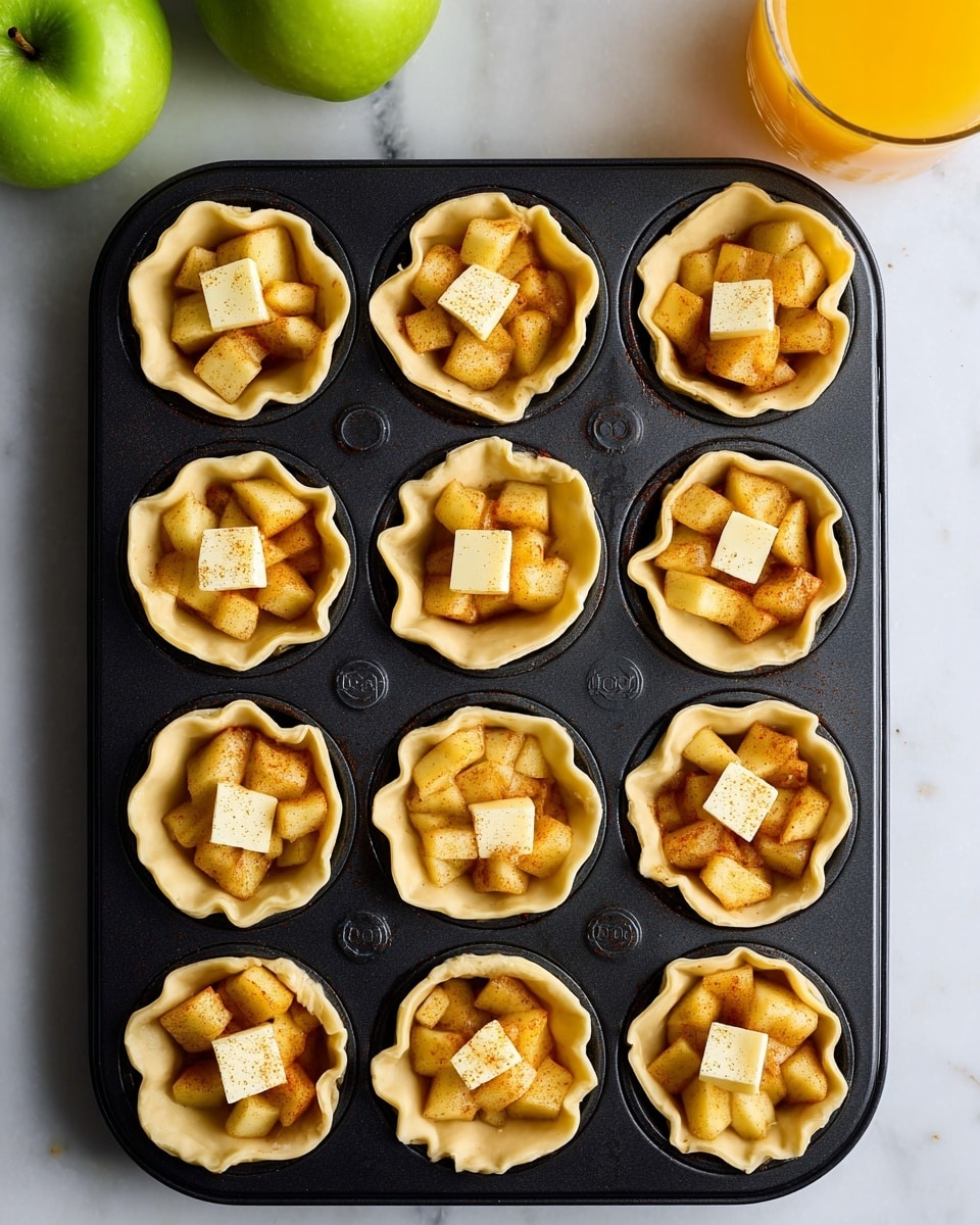 The image shows a black muffin tray with twelve small pie crust shells, each filled with medium-sized golden-yellow apple chunks that are sprinkled lightly with cinnamon. On top of the apple pieces in each shell is a small square of pale butter. The crust dough edges are folded slightly outwards in a wavy pattern around each cup. The tray is placed on a white marbled surface, with a bright green apple on the top left side and a glass filled with orange liquid on the top right side. Photo taken with an iphone --ar 4:5 --v 7