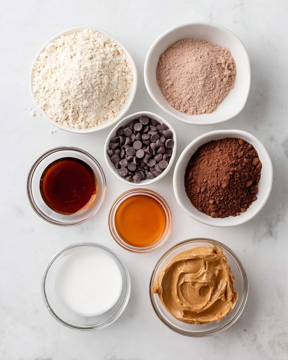 The image shows seven small white or clear bowls arranged on a white marbled surface. The top left bowl contains light beige flour with a slightly crumbly texture. To its right, another white bowl holds light brown powder, likely dry mix. Below these, a white bowl is full of small dark brown chocolate chips. Next to it, a clear bowl has fine dark brown cocoa powder. On the right side, a small clear bowl holds a smooth orange-brown liquid, probably vanilla extract. Below that, a clear bowl contains a soft white solid, which looks like coconut oil. At the bottom left, a white bowl is filled with dark amber liquid syrup. Lastly, a clear bowl at the bottom right holds a creamy, thick light brown spread, possibly peanut butter. The setup is neat and organized with even lighting, photo taken with an iphone --ar 4:5 --v 7