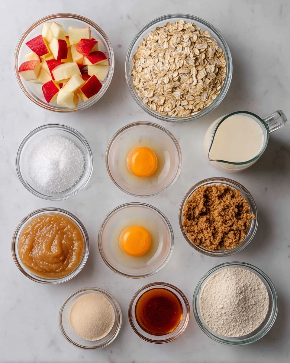 The image shows eleven small clear glass bowls and a clear glass measuring cup arranged neatly on a white marbled surface. The top left bowl holds diced apple pieces with red skin and white flesh, while next to it, a larger bowl is filled with light beige rolled oats. Below the apple, a small bowl contains white granulated sugar, beside it a bowl with two raw eggs featuring bright yellow yolks and clear whites. To the right, the measuring cup has an off-white liquid, likely milk. Below the eggs, a bowl holds smooth, light brown apple sauce, next to it a bowl filled with coarse brown sugar. Beneath the brown sugar is a bowl of fine white powder, possibly baking powder or starch. Next to the powder, a small bowl holds a ribbed brown spice powder, and beside it a bowl with a dark amber thick liquid, like syrup. The setup is clean and well-lit, perfect for a baking recipe photo taken with an iphone --ar 4:5 --v 7
