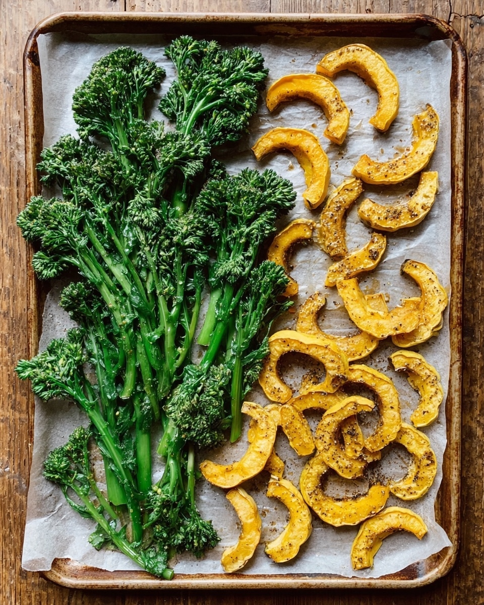 The image shows a baking tray lined with parchment paper on a wooden table. On the tray, there are two sections: one with bright green broccolini stalks with small clusters of florets, neatly arranged in a bunch towards the top half, and the other section has multiple crescent-shaped slices of roasted golden-yellow delicata squash, some with a light sprinkle of dark seasoning, spread out in small groups covering the bottom half. The overall look shows fresh and cooked textures side by side on the tray. photo taken with an iphone --ar 4:5 --v 7